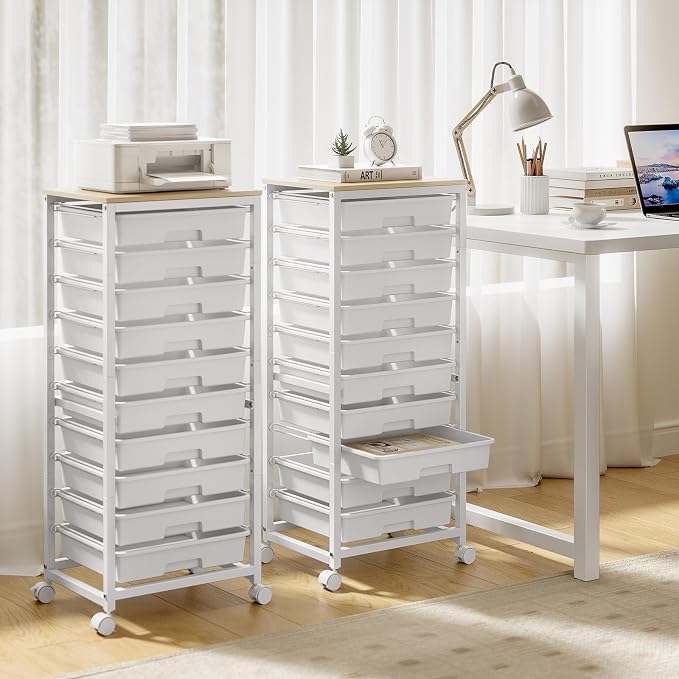 SYKIARIOL Rolling Cart with Drawers,10 Drawer Rolling Cart,Storage Cart with Wheels,Utility Cart with Drawers,Teacher Cart for Classroom Storage,Craft Cart with Wheels and Wooden Tabletop,White