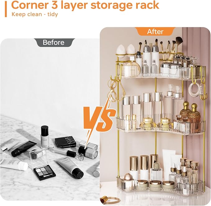 3-Tier Corner Bathroom Counter Organizer，Makeup & Skincare Shelf with Built-in Brush Holder，Space-Saving Bathroom Countertop Organizer for Skincare, Perfume, Cosmetics(Clear)