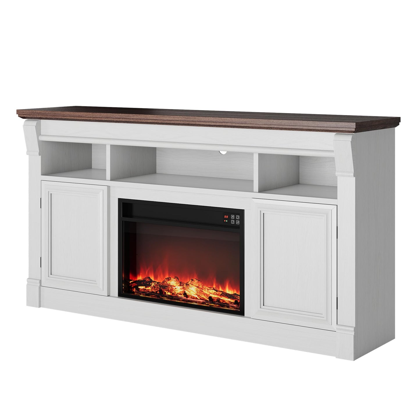 GAOMON 58 Inch Fireplace TV Stand, Wooden Entertainment Center with 36 Inch Electric Fireplace, 3D Realistic Flame, Farmhouse Media Console with Storage Cabinets for Living Room, White+Brown