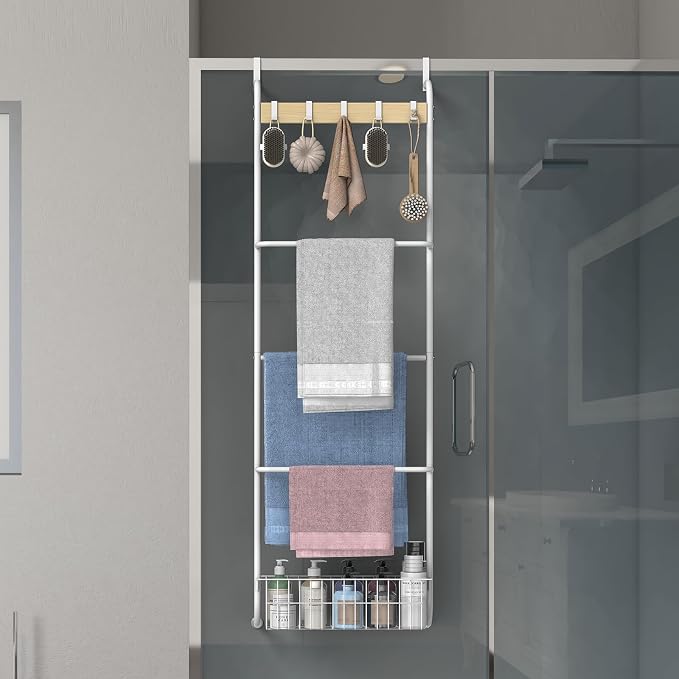 Over The Door Towel Rack,5-Tier Over Door Towel Racks for Bathroom,Towel Rack with Hooks and Basket Door Hanging,Blanket Ladder for Living Room White
