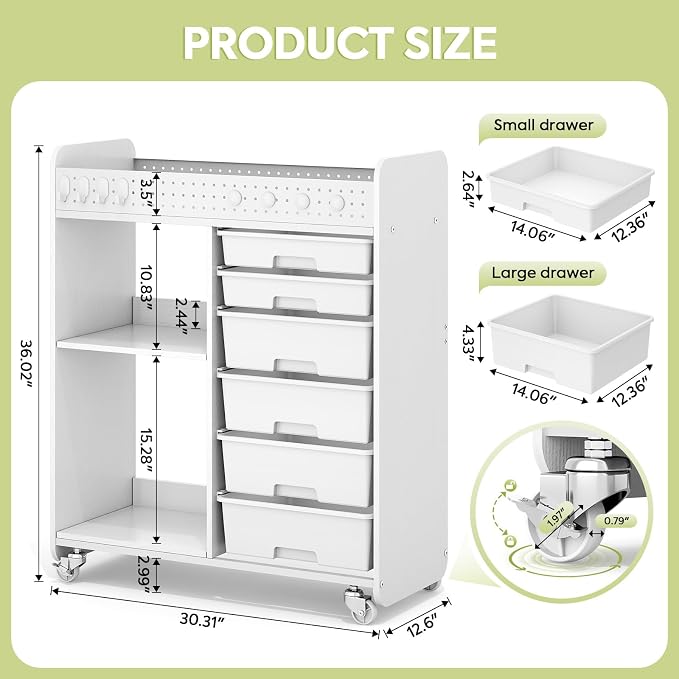 Rolling Storage Cart with Top Pegboard and 6 Drawers, Mobile Utility Cart on Wheels with Locking Brakes, Craft Organizer Lateral File Cabinet for Home, Office and Craft Room – Wood Frame(White)