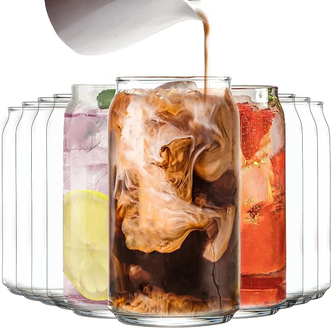 Le'raze Set of 10 Patented Can Shaped® Drinking Glasses - 16oz Clear Irish Glass Cups for Margarita, Cocktails, Iced Coffee, Tea, Soda, Whiskey, Water and Beer.