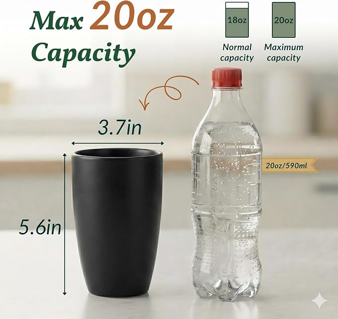 Homienly Kitchen Cups 20oz Wheat Straw Cups-6 pcs Lightweight cups Unbreakable & Reusable Glassware Set Stackable for Party,Camping,Picnic-Black