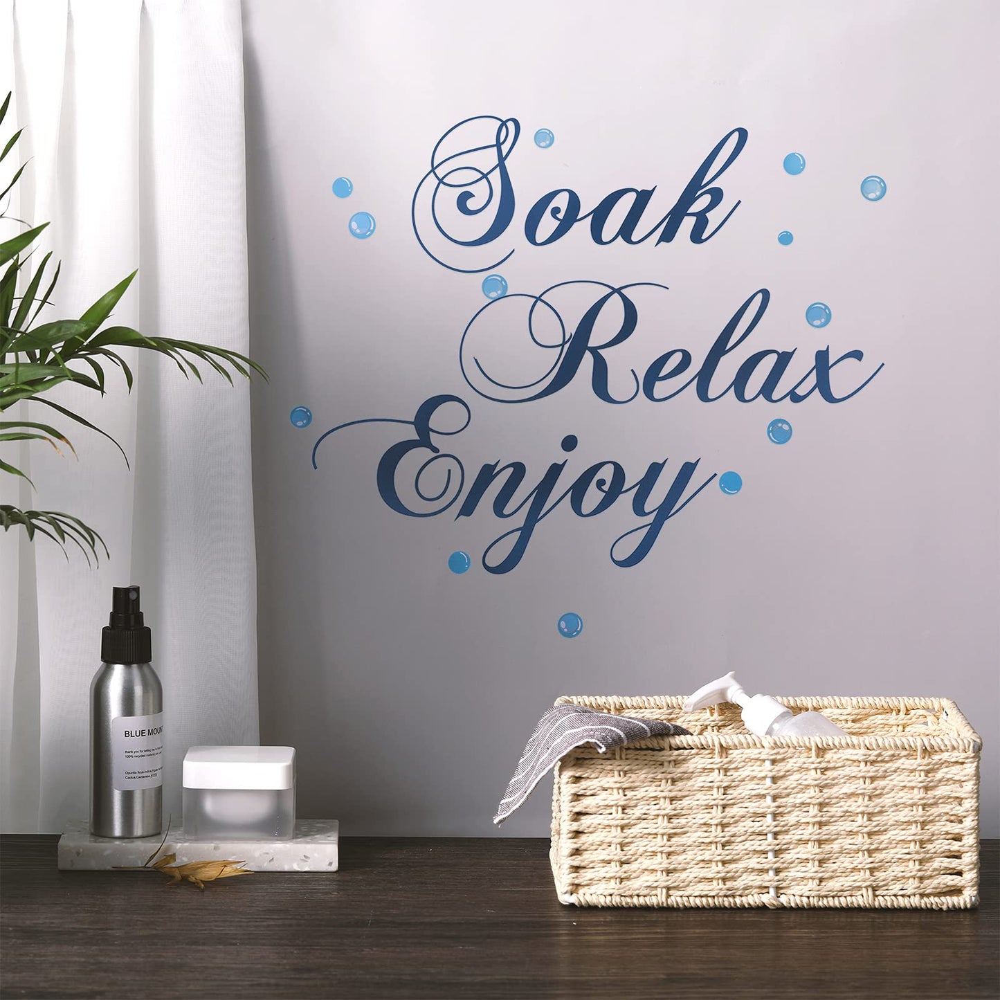 Xuniea Blue Bathroom Wall Decals Soak Relax Enjoy Spa Wall Decor Stickers Waterproof Flower Sign Sticker for Bedroom Bathroom Kitchen Living Room DIY Decorations