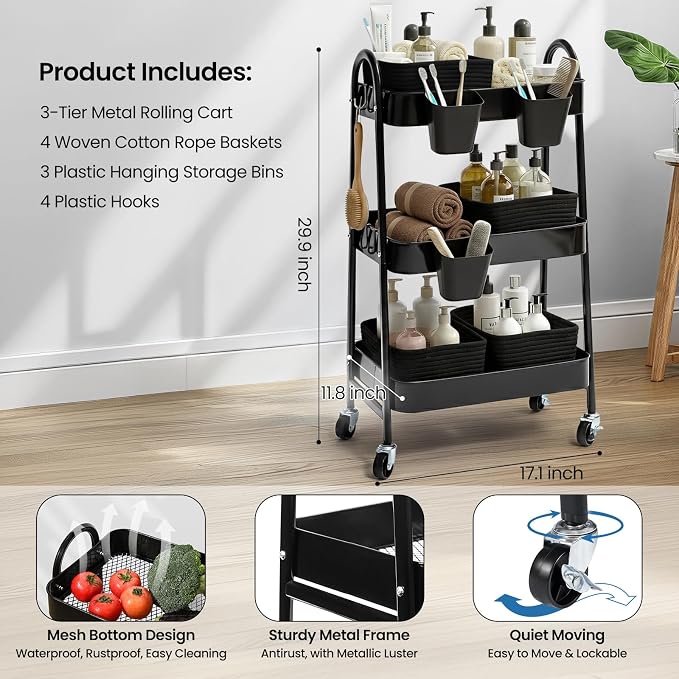 3-Tier Rolling Utility Cart with 4 Woven Baskets, Diaper Book Snack Cart, Storage Organizer for Nursery, Kitchen, Craft Room, Home SPA, Living Room, Metal Frame Trolley on Lockable Wheels, Black