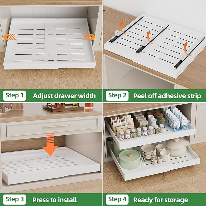 PAKETA 4 Pack Expandable Pull Out Cabinet Organizer, 21'' Deep Pull Out Drawers for Cabinet, Upgrade 3 Slide Rails Sliding Drawers for Cabinets with Adhesive Nano Film (White, 21"D X 15-26"W)