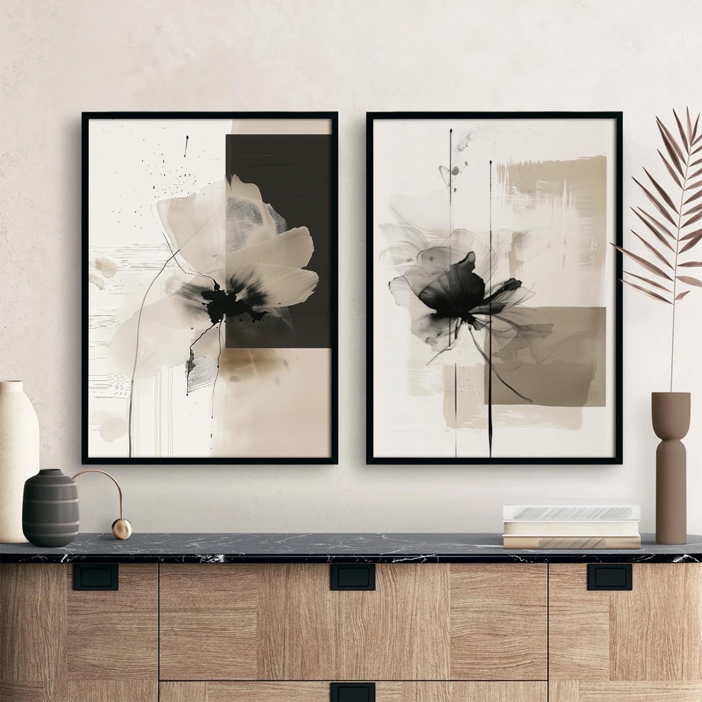 Tocliky Modern Abstract Floral Wall Art Minimalist Neutral Canvas Painting Decor Beige Cream And Black Wall Art Contemporary Flower Picture Prints for Living Room Bedroom 12x16 Inch Unframed Set of 2
