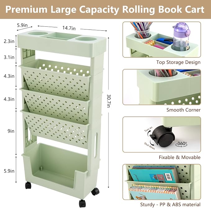 Rolling Office Paper Organizer, Mobile Book Cart Document Folder File Storage with Pen Holder, Slim Rolling Storage Cart Movable Bookshelf for Office, Dorm, Classroom, Nursery, Green