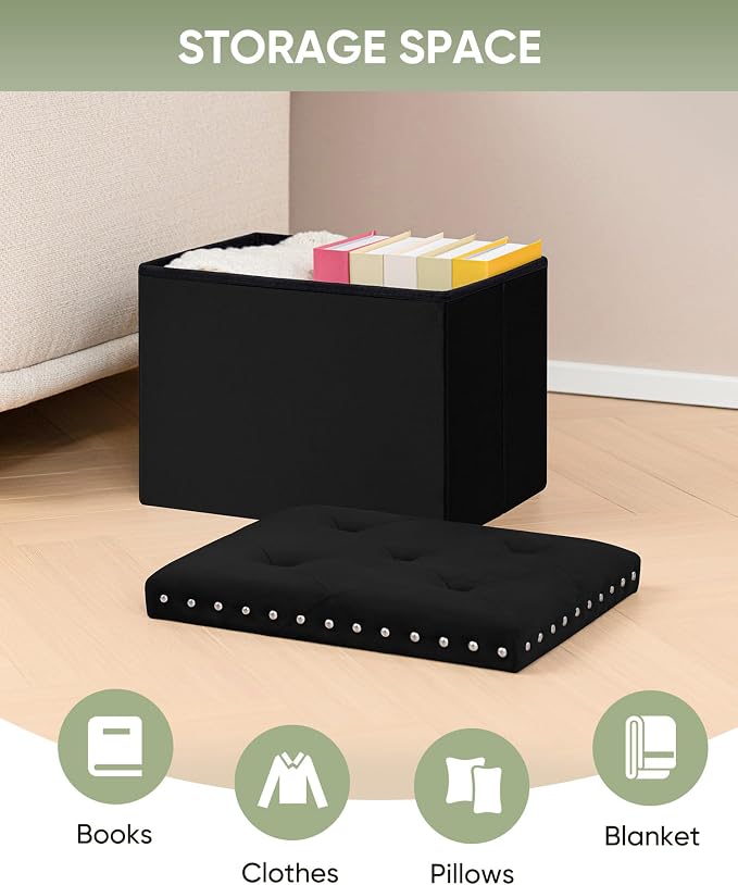 B FSOBEIIALEO Storage Ottoman Cube Folding Tufted Ottomans, Storage Boxes Footrest for Bedroom, Luxury Velvet Fabric 16.5 * 12.6 * 12.6 Inches Black