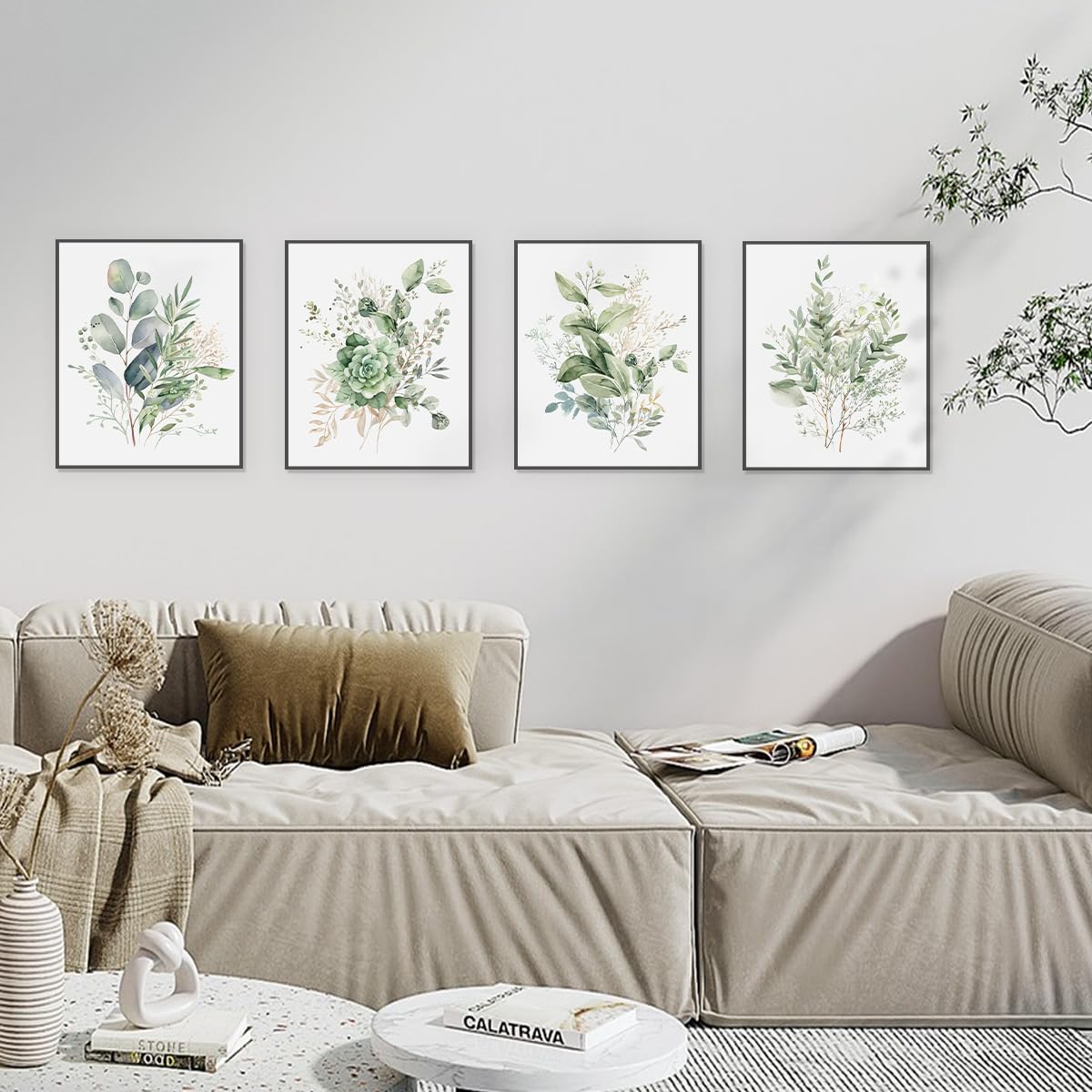 PLKMN Sage Green Botanical Wall Art Set of 4, Modern Wildflower Prints, Floral Plant Decor for Bedroom, Bathroom, Farmhouse, 8x10 Inch, Unframed