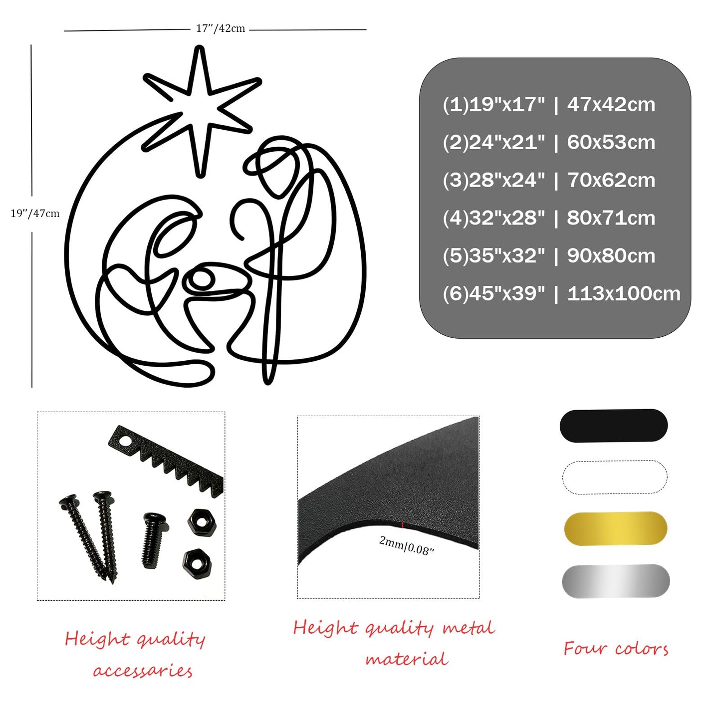 SZI Nativity Scene Metal Wall Art, Line Art Religious Christmas Decor, Minimalist Wall Art for Living Room, Bedroom (Black, 24"x21"|60x53cm)