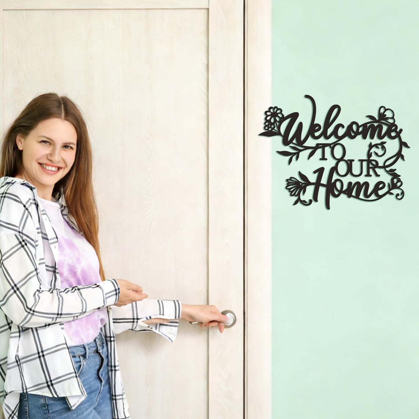 Zzbakress Welcome Sign - Outdoor Metal Wall Decor, Welcome To Our Home Sign Entryway Wall Decor, Text And Flowers Black Metal Wall Art For Living Room, Dining Room, Porch, Entry (Floral)
