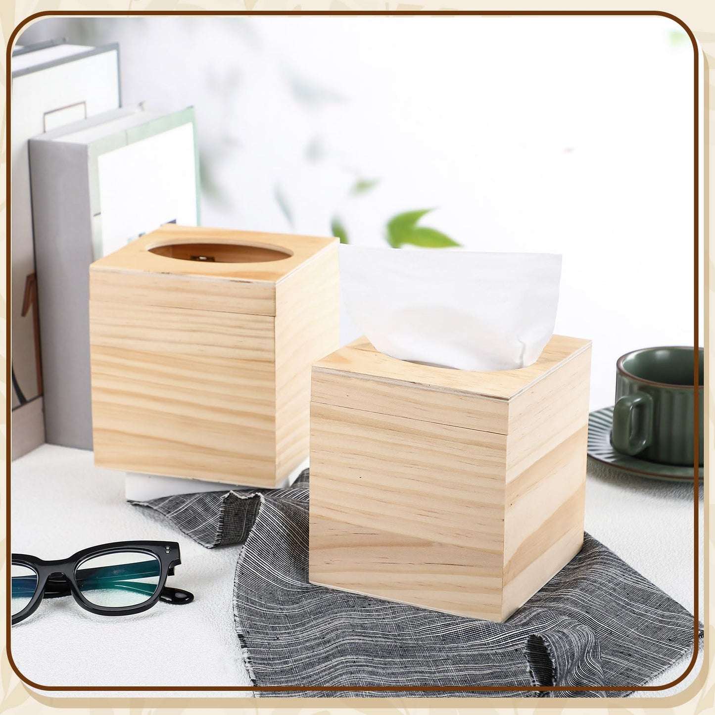 Wonderjune 6 Pcs Wood Tissue Box Cover for DIY Unfinished Wood Box Custom Design Square Wooden Tissue Cover Holder with Flip Opening Top for Arts Crafts Bathroom Decor Home Decor