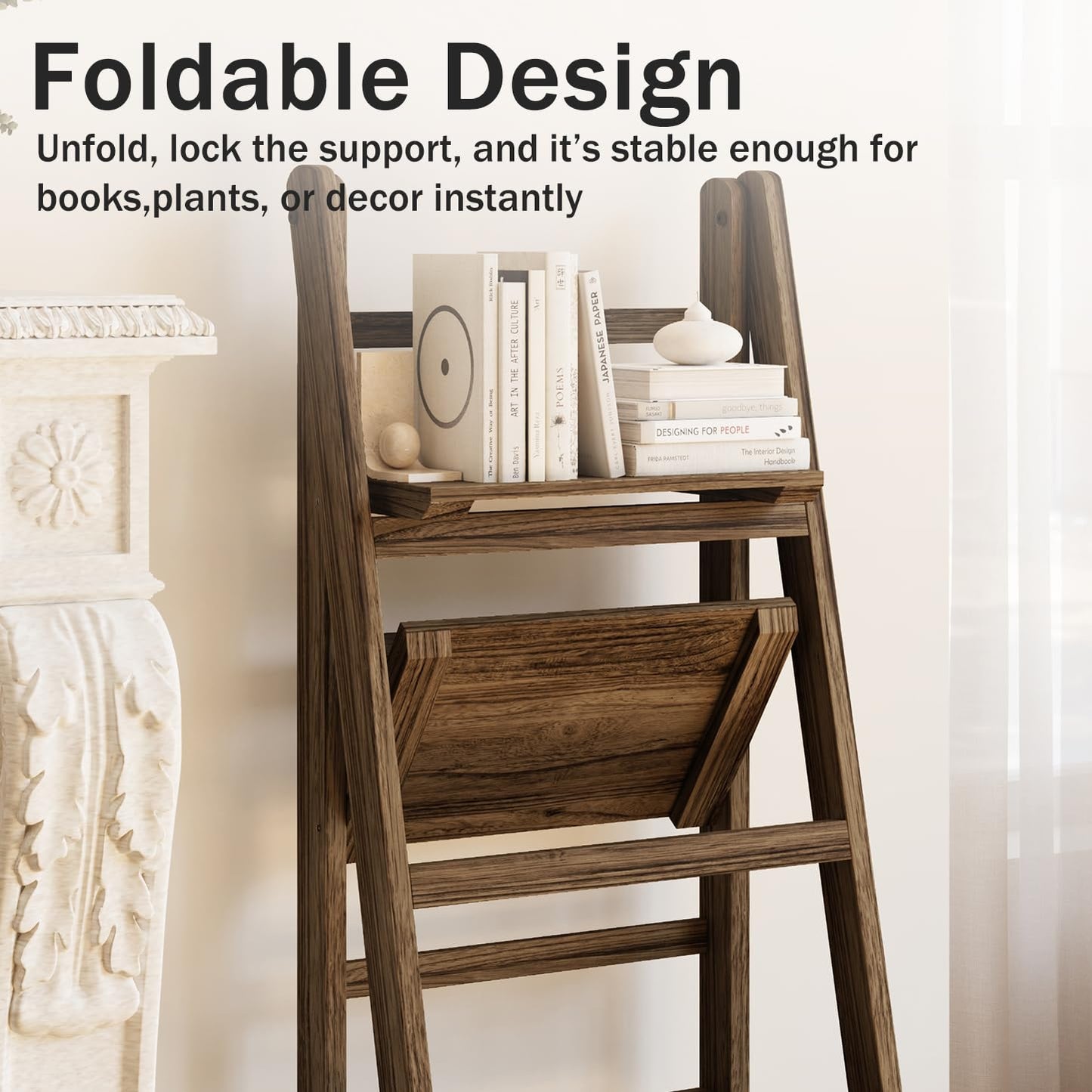 Mugovelo Ladder Shelves - Folding Wooden Ladder Bookshelf, 4-Tier Retro Plant Stand Storage Shelves for Home Living Room, Brown
