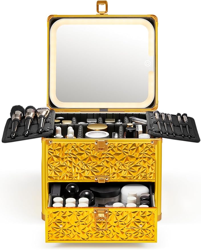 Qislee Makeup Box with Drawer and A Detachable Lighted Mirror, Waterproof Travel Train Case, Cosmetic Organizer and Makeup Suitcase with Adjustable Dividers, Magnetic LED Mirror (Luxury Gold)