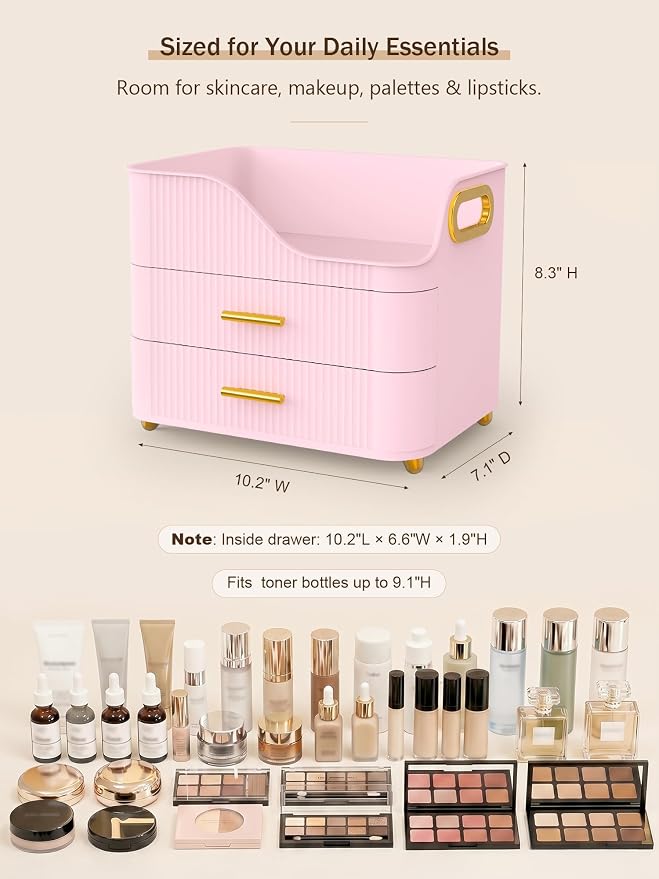 Booklov Countertop Makeup Organizer with Drawers, 3 Tier Large Cosmetic Storage Caddy for Vanity, Bathroom Counter, Dresser, Skincare Display Case for Lipsticks, Beauty Palettes, Teen Girl Gifts, Pink