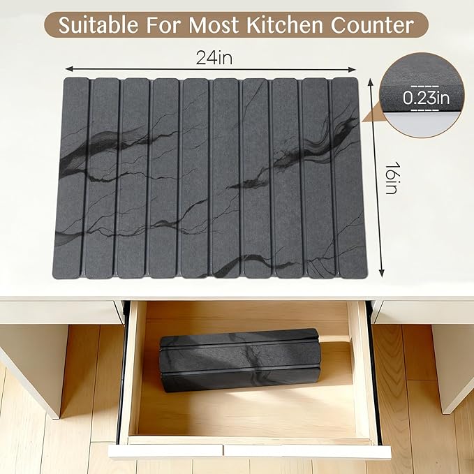 Large Stone Dish Drying Mat for Kitchen Counter, Thin & Light Quick Dry Stone Dishes Mats, Foldable Water Absorbing Diatomite Drying Pad for Kitchen Bathroom Sink Countertop (Gray Ink 24"×16" & 8"x4")