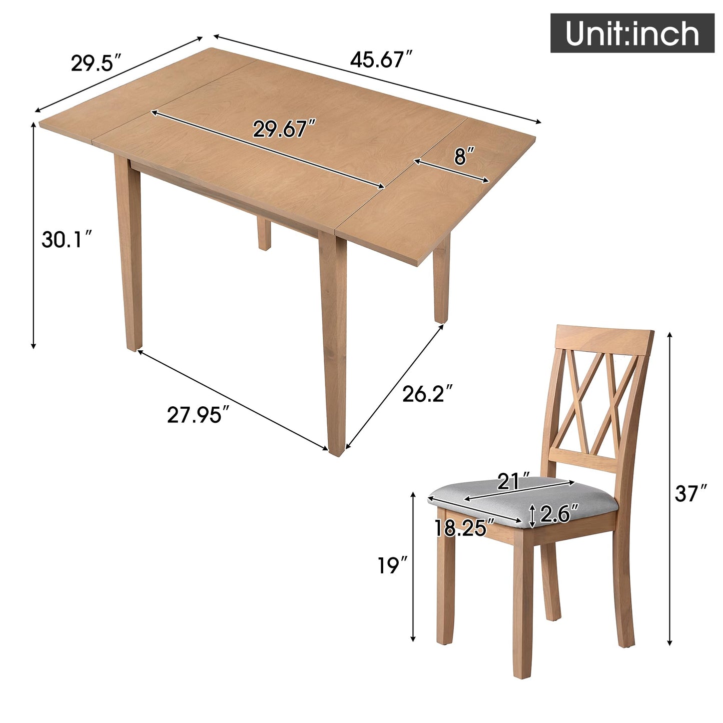 Merax Farmhouse Wooden Dining Set of 5, 29"- 45" Extendable Dining Table with Drop Leaf, 4 Upholstered Chairs for Small Space, Easy Assemble Natural