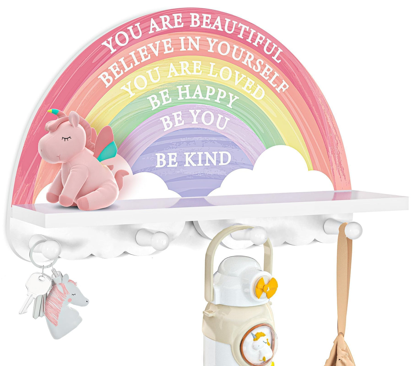 Garybank Rainbow Shelf Decor for Girls Room Wall, Wooden Rack with 4 Pegs Hooks - Wall Mount Coat Rack, Boho Rainbow Classroom Decor, Bedroom & Bathroom Decoration, Unicorn Girl Gifts for Christmas