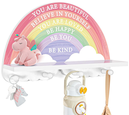 Garybank Rainbow Shelf Decor for Girls Room Wall, Wooden Rack with 4 Pegs Hooks - Wall Mount Coat Rack, Boho Rainbow Classroom Decor, Bedroom & Bathroom Decoration, Unicorn Girl Gifts for Christmas