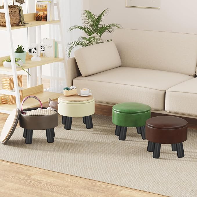 Small Foot Stool Ottoman with Storage, Faux Leather Ottoman Foot Rest for Couch, Round Footstool Ottomans for Living Room (Brown)