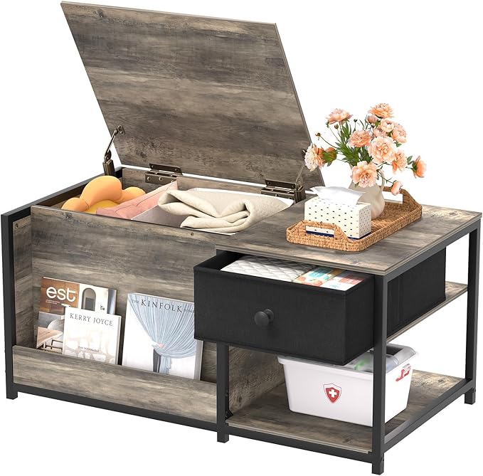 SINPAID Coffee Table with Storage, Rectangular Coffee Tables for Living Room, Farmhouse Coffee Table with Hidden Storage Compartment and Adjustable Shelves, Grey Wash