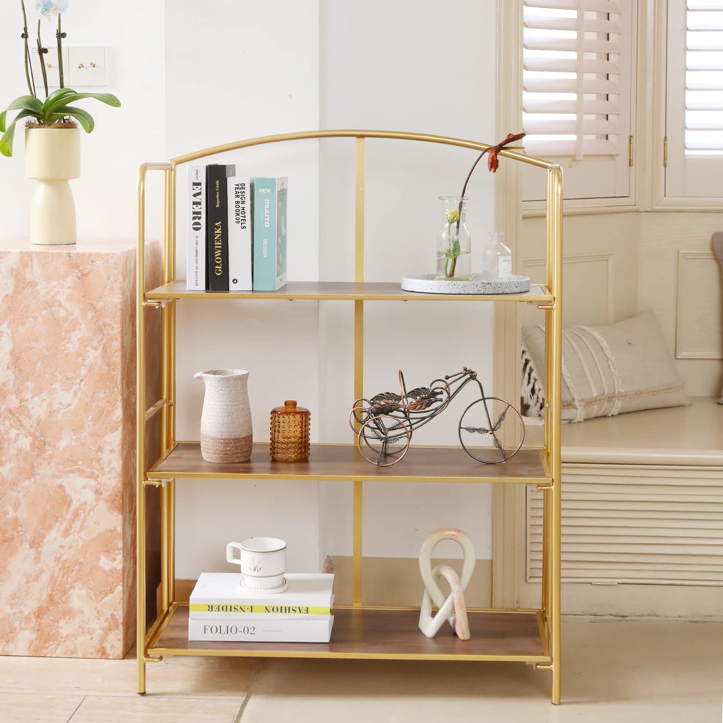 Crofy No Assembly Folding Bookshelf for Living Room, 3 Tier Gold Collapsible Book Shelf for Home Office, Portable Bookcase Storage Organizer