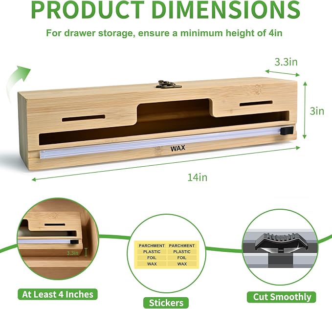 MSJGA Magnetic Plastic Wrap Dispenser with Cutter, Refrigerator Bamboo Organizer for Tin Foil, Baking Paper, Wax Paper Holder Kitchen Storage Box Compatible