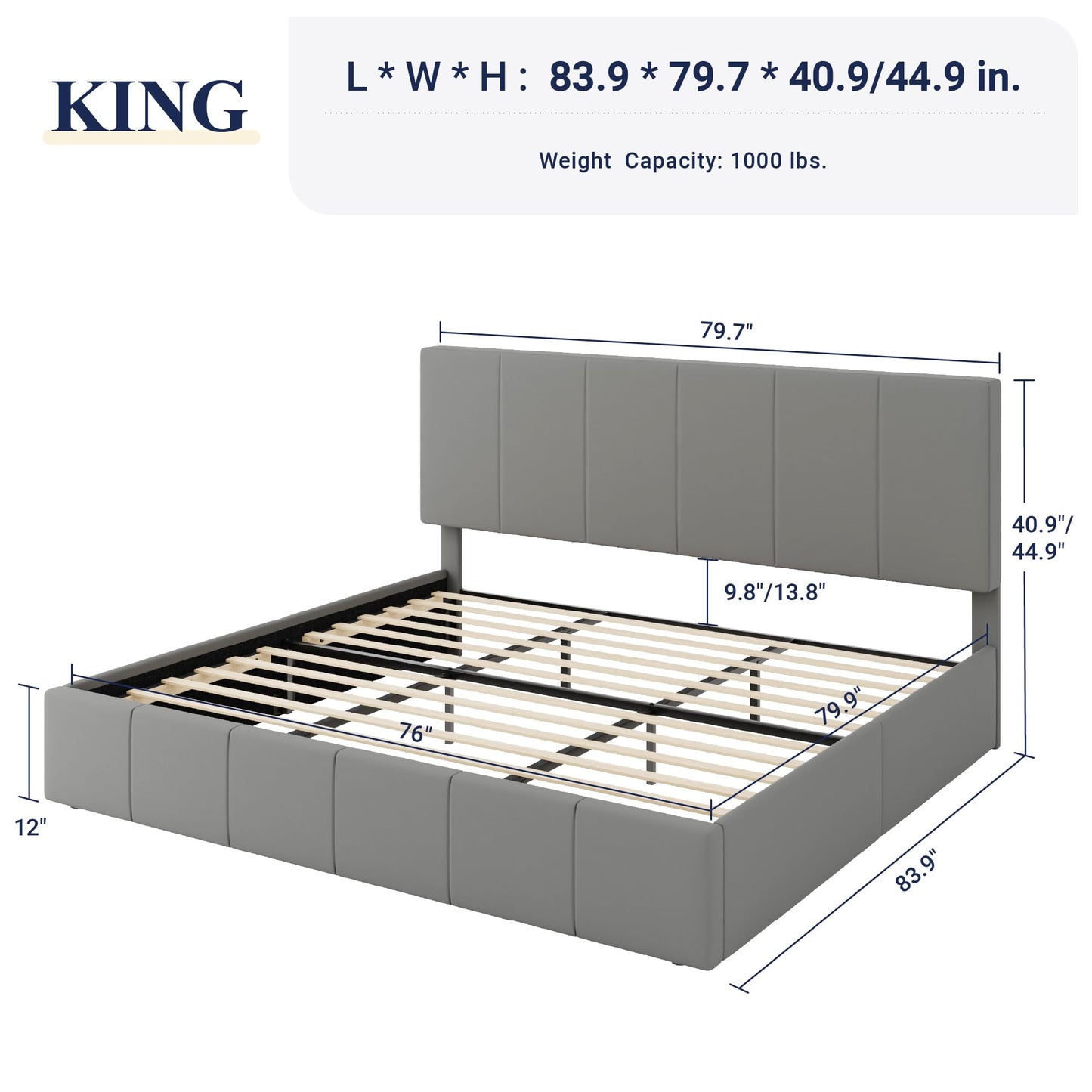 Allewie King Size Dutch Velvet Upholstered Platform Bed Frame/Vertical Channel Tufted Adjustable Headboard/Low Profile Bed Frame/No Box Spring Needed/Easy Assembly/Grey