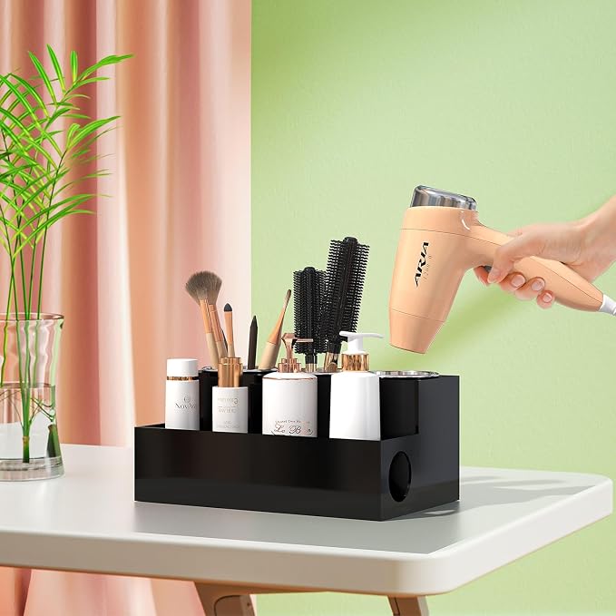 Hair Tool Organizer, Black Acrylic Hair Dryer Holder with Insulated Cup, Bathroom Supplies Countertop Blow Dryer Holder, Vanity Caddy Storage Stand for Accessories, Makeup, Toiletries