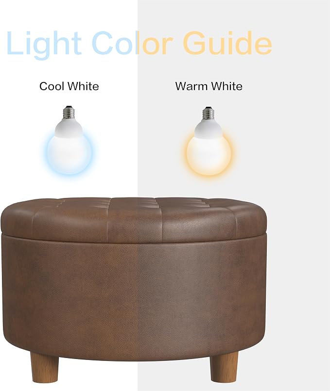 Homepop Home Decor | Button Round Storage Ottoman | Ottoman with Storage for Living Room & Bedroom, Brown Faux Leather