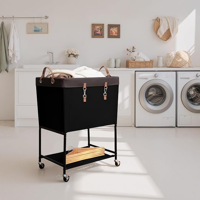 StorageWorks Laundry Cart, 2 Tier Rolling Laundry Basket, Heavy Duty Laundry Basket with Lockable Wheels, Laundry Room Organization and Storage, Clothes Hamper for Bedroom, Dorm, Closet, 29Gal, Black