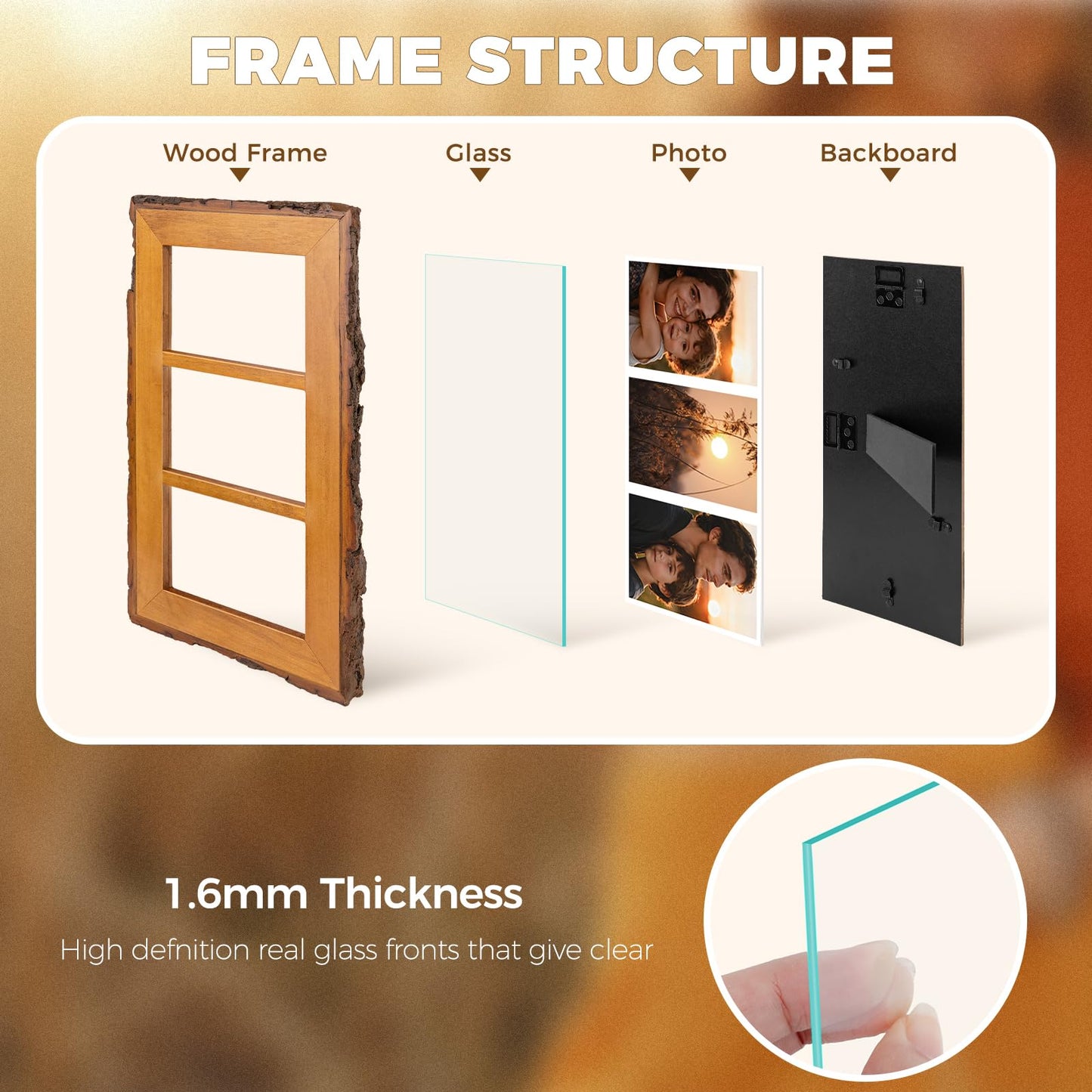 Golden State Art, 4x6 Collage Picture Frame - Solid Wood with Real Glass - Multi Picture Frame for (3) 4x6 Photos - Natural Bark Edges Design - Farmhouse Collage Wall Decor - Rustic Brown