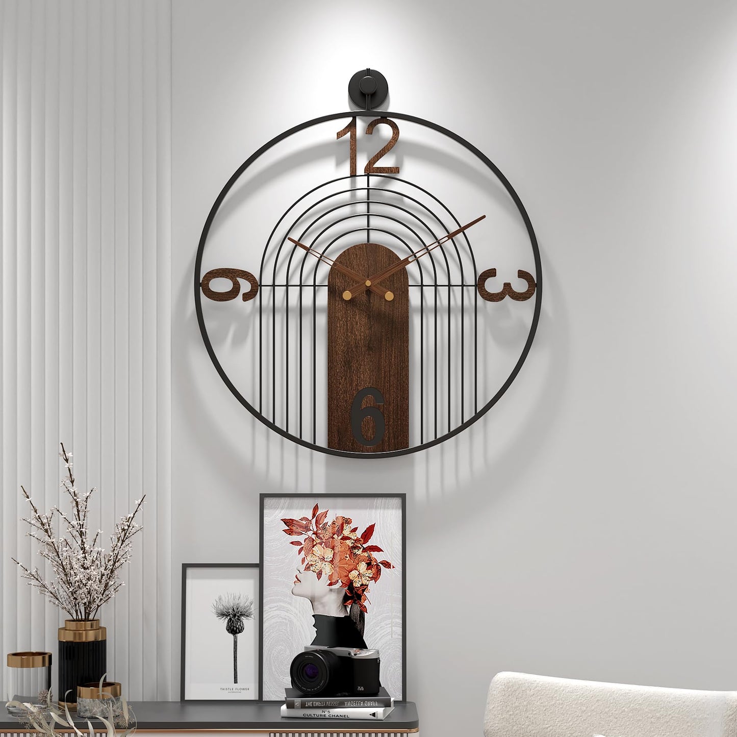 VIVIFLYSE Modern Large Walnut Dial Wall Clock, Wood Metal Frame Silent Non Ticking Wall Clocks Decoration for Living Room, Bedroom, Kitchen, Study, Handmade Home Decor Present Idea, 22 Inch