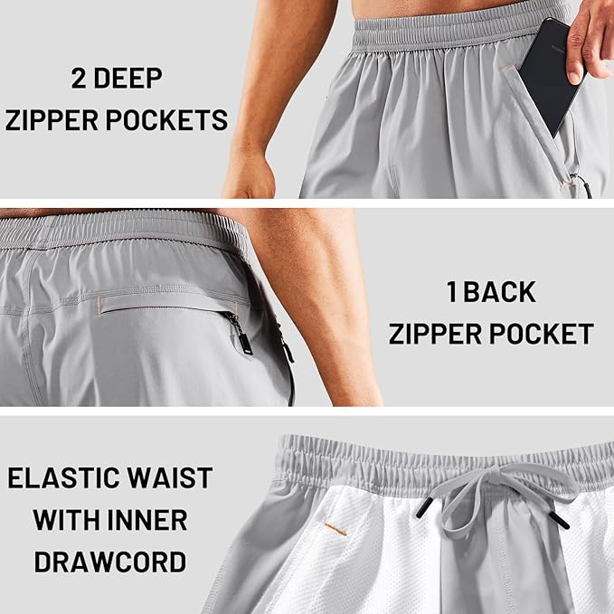 MIER Men's Quick Dry Running Shorts with Zipper Pocket, Elastic Waist Athletic Workout Exercise Fitness Shorts, 7 Inch