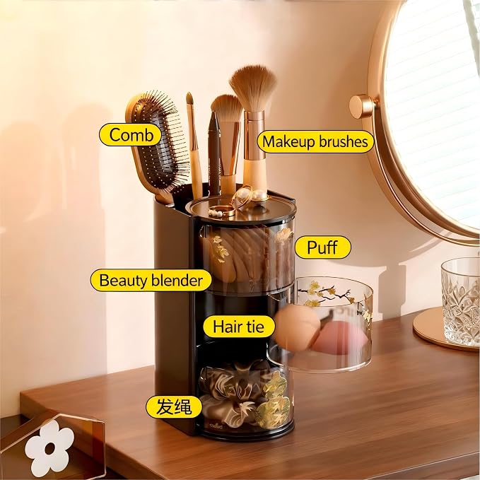 Azurphoric Hair Accessories Organizer with Hair Brush Holder, Rotatable Makeup Brush Holder for Necklaces, Earring, Bracelet, Ring, Makeup Brushes, Hair Clip and Hair Accessories (Black, 3-Layer)