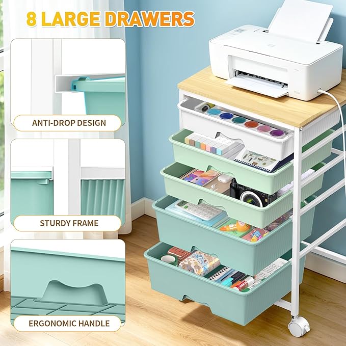 SUNALLY Rolling Carts With 5 Drawers, Storage Drawer Carts with Wooden Tabletop and 2 Lockable Wheels, Rolling Utility Cart for Craft Art Supply Storage & Home Office Organization, Green
