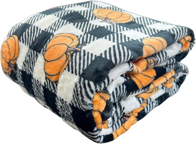 Fall Pumpkin Throw Blanket: Modern Farmhouse Country Black and White Check Plaid Extra Large 50" x 70"