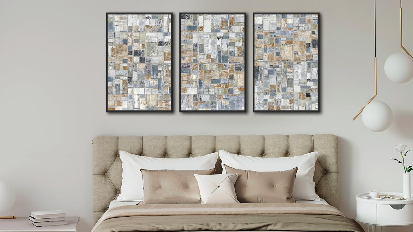 Large Framed Abstract Wall Art - Retro Block Wall Decor Painting 20"x28" Set of 3 Modern Wall Art Prints Rustic Mosaic Canvas Pictures for Living Room Bedroom Office Artwork