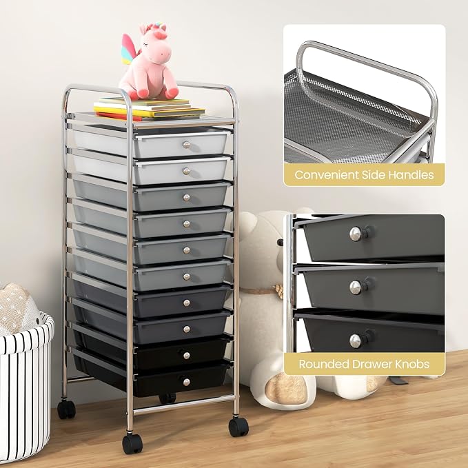 COSTWAY 10-Drawer Rolling Storage Cart, Utility Mobile Trolley with Removable Drawers & Universal Casters & 2 Brakes, Versatile Flexible Drawer Organizer Cart for Home, Office, Mixed Black