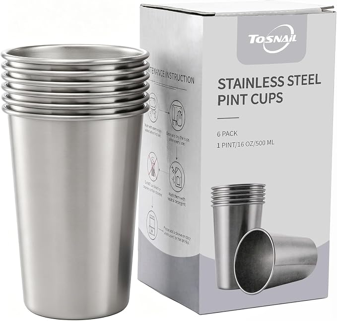 Tosnail 6 Pack Stainless Steel Pint Cups, 16 oz Metal Cups Unbreakable Drinking Glasses Water Tumblers for Kids, Adults Indoor and Outdoor Use, Silver