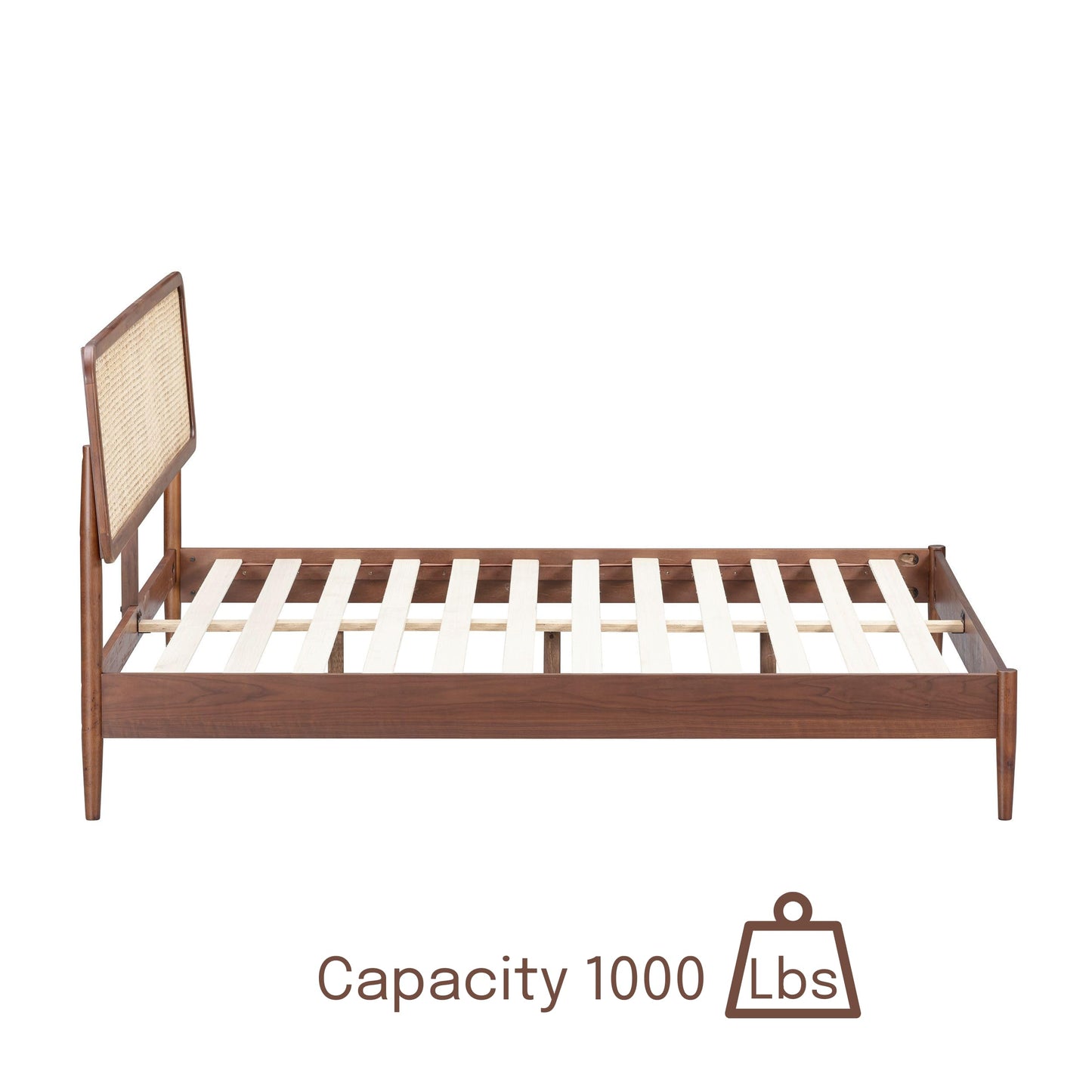 NTC Lupin Wooden Bed Frame with Headboard and Natural Rattan, Solid Oak/Rubber Wood Foundation with Silent Slats, 1000 Lb Capacity, Effortless Assembly (Natural Cane - Dark Walnut, Queen)