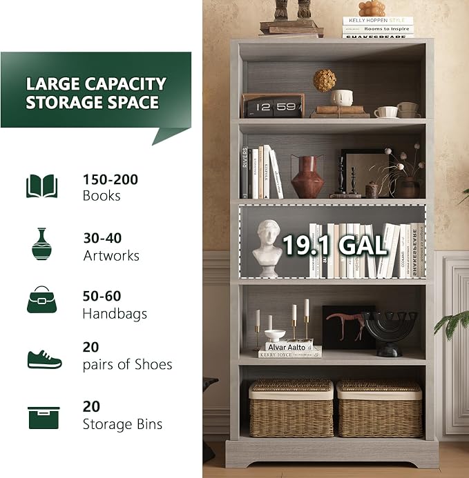 TVU 5-Tier Wooden Bookshelf, 65" Tall Farmhouse Style Open Bookcase, 31.5" W Standing Book Shelf with Storage, Suitable for Study, Living Room, Office, Grey
