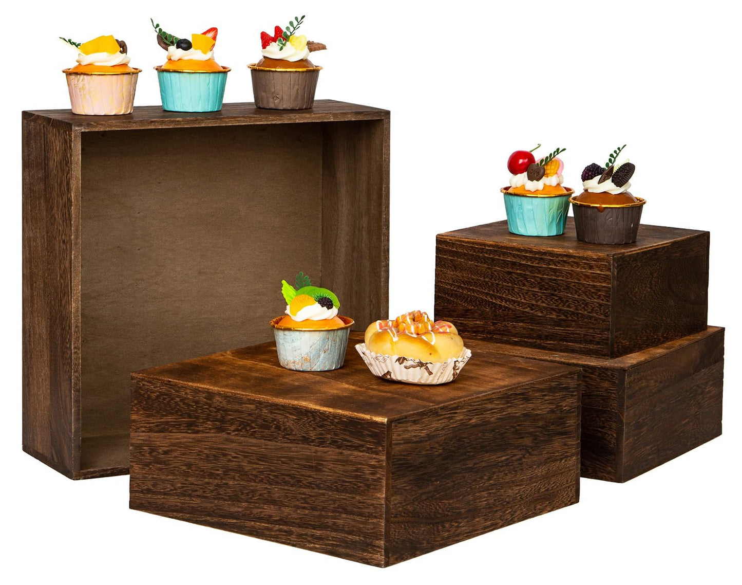 VDEHOM Vintage Brown Square Wooden Cake Stands For Display,Set Of 4 Wood Cupcake Stands Risers, 12 Inches Rustic Wood Crates For Wedding Cake Display, (Vintage Brown)
