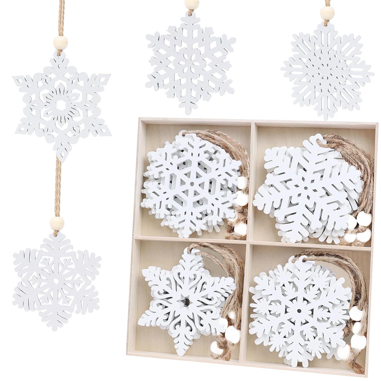 16Pcs White Snowflakes Ornaments Wooden Snowflake Christmas Ornament for Winter Home Tree Garland Christmas Decoration Holiady Crafts 8 Styles White Hollowed Hanging Ornaments