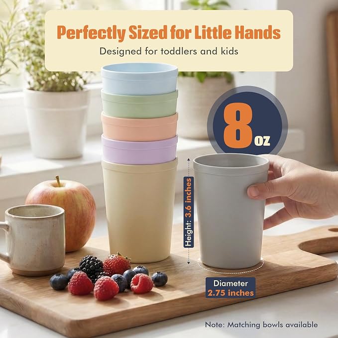 MASTERCOOK 6 Pcs. Small Reusable Cups –8 oz Unbreakable Drinking Glasses -Toddler Cups for Water, Juice, Milk–BPA Free Stackable Tumblers Plastic Cup set for Kitchen, Picnics, Parties- Kid-Friendly