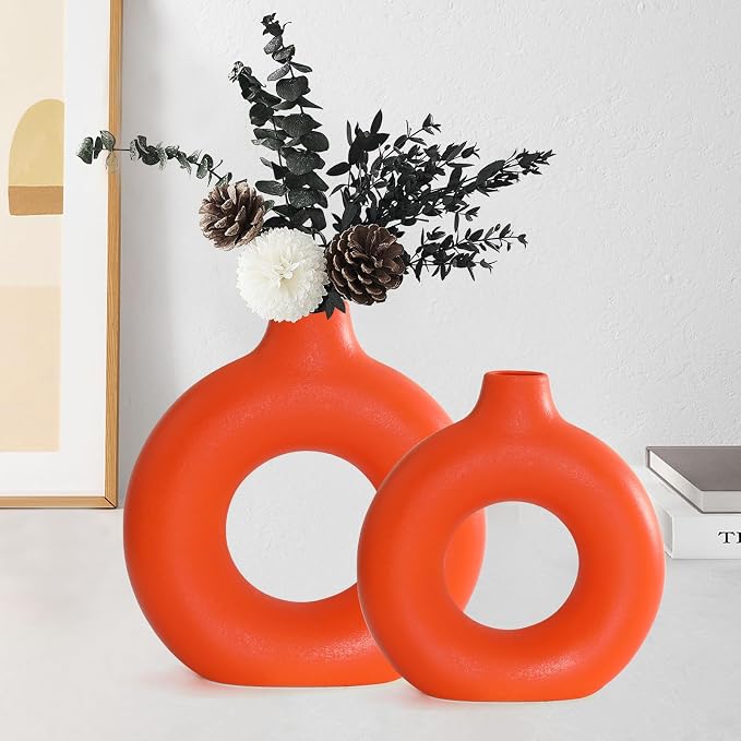 Orange Ceramic Donut Vase Set of 2, Hollow Round Matte Pampas Flower Vases for Boho Home Wedding Party Room Dinner Table Shelf Decor.（Orange）