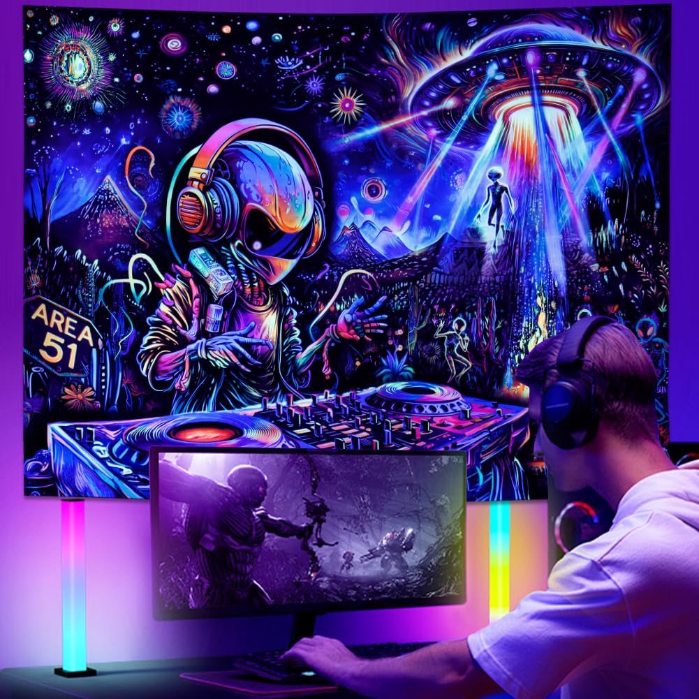 Galoker Blacklight Alien UFO Tapestry Trippy Galaxy Planet Tapestry UV Reactive Funny DJ Music Wall Tapestries Plant Cactus Tapestries Wall Hanging for Home Decor(51.2"x59.1")
