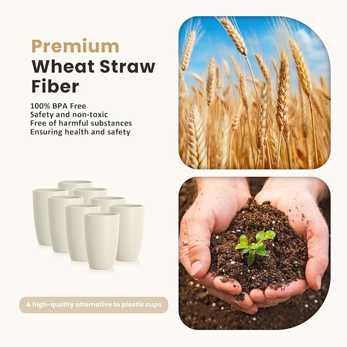 Homienly Cups for Kitchen Unbreakable Wheat Straw Cups 8 PCS Alternative to Plastic Cups Stackable Drinking Cup Reusable Dishwasher Safe Water Glasses with Beige Color (20 OZ)