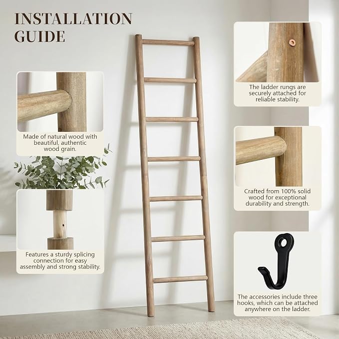 Wooden Blanket Ladder - 76in(7-Rung) Natural Wood Color- Leaning Wall Decor for Bedroom, Bathroom, Living Room - Rustic Quilt Holder (Brown (Knock Down), 76in(7-Rung) | Knock Down)